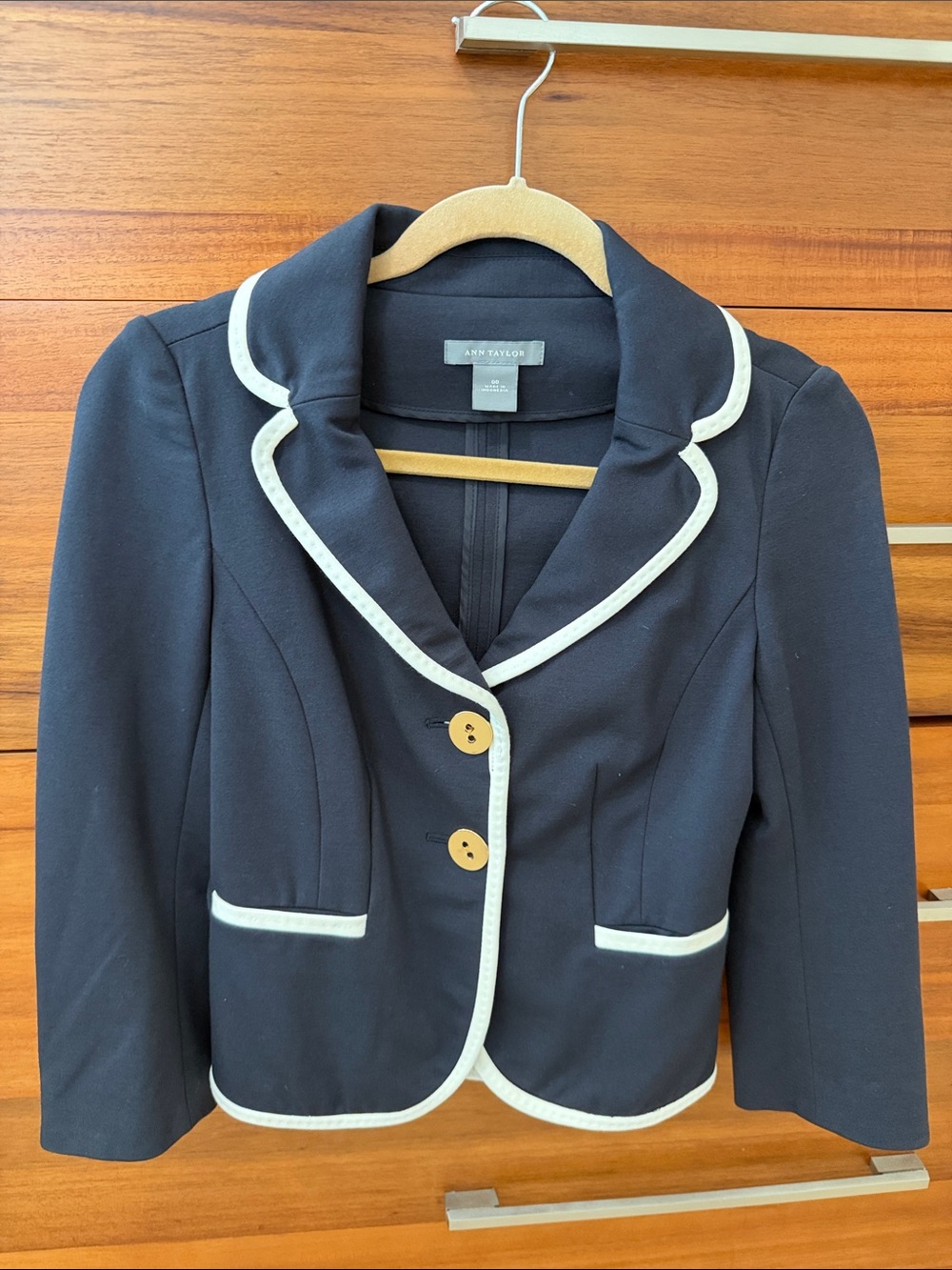 Ann Taylor Navy Blazer with White Piping and Gold Buttons